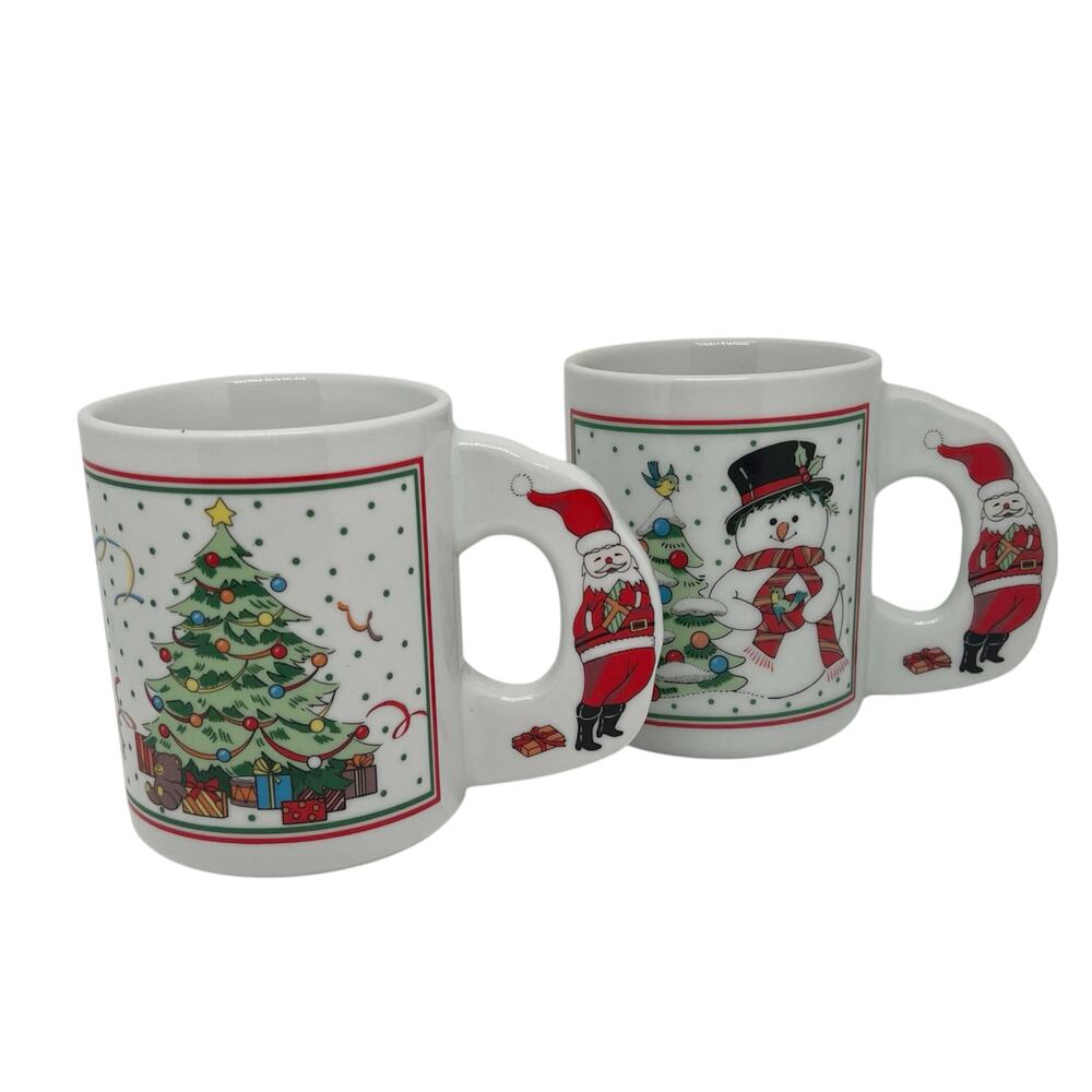 Vintage Set of 2 Ceramic Christmas Coffee Mugs Santa, Snowman, Christmas Tree